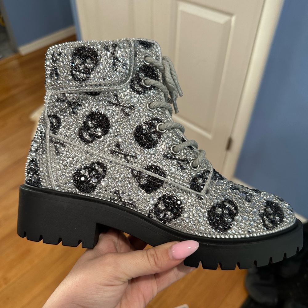 Combat boots skull bling rhinestone betsey Johnson